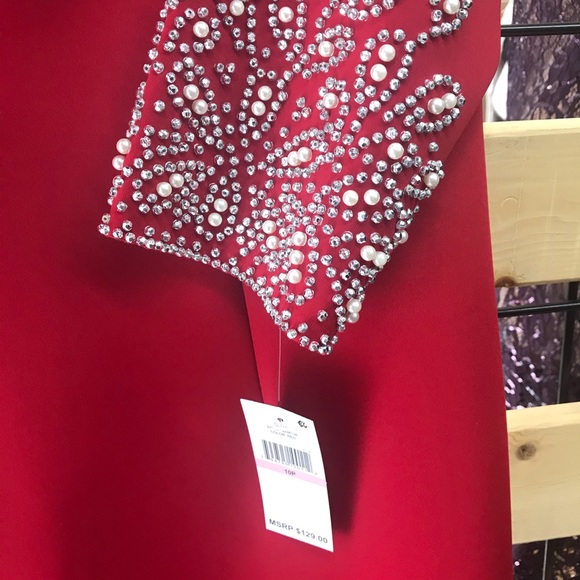 NWT,SL Fashions,Bejeweled Sleeve Dress,red - Picture 12 of 16